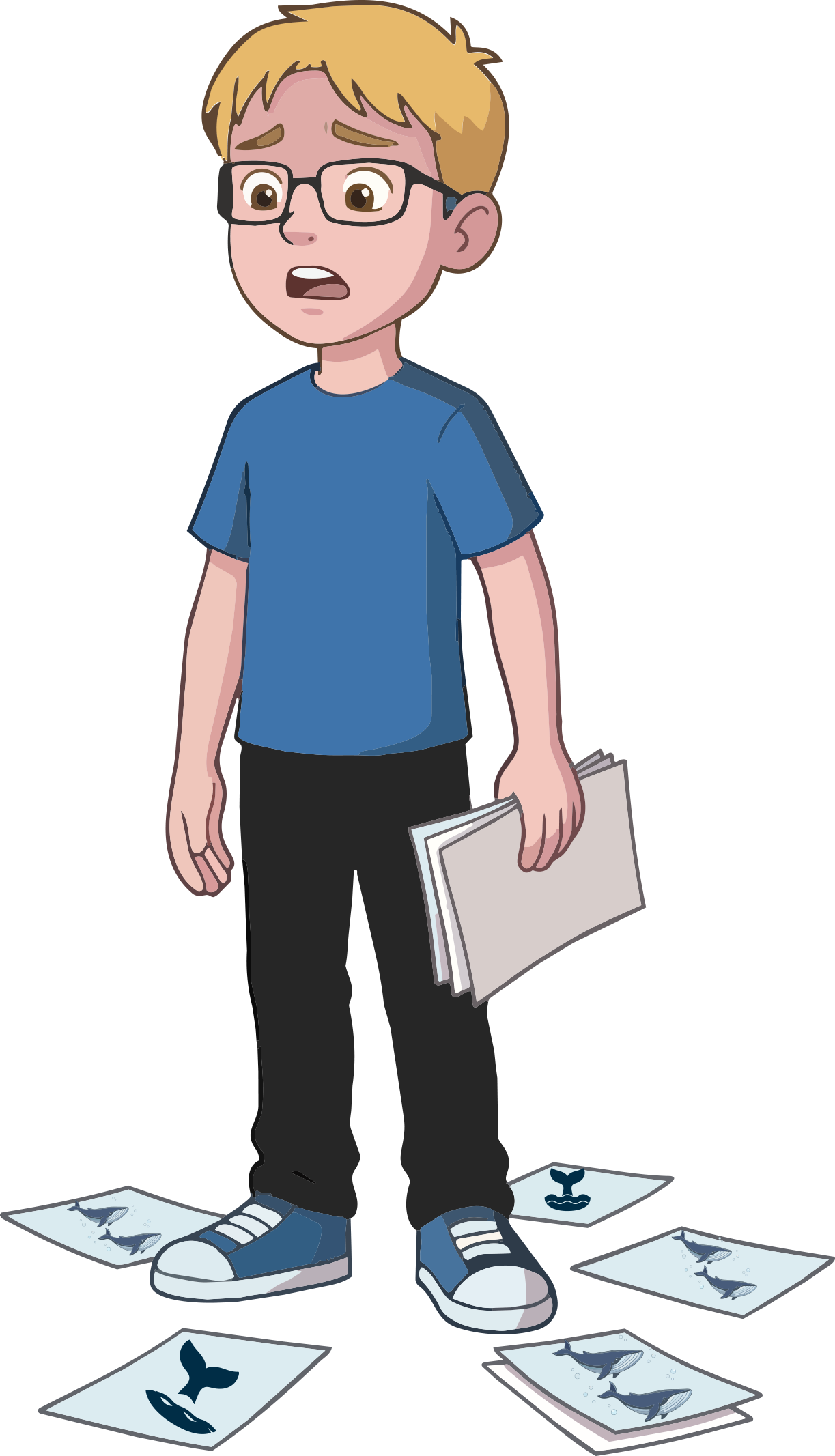 A young boy with glasses, blonde hair, and a blue shirt, looking worried. He is holding whale-themed pictures and papers that have spilled to the floor.