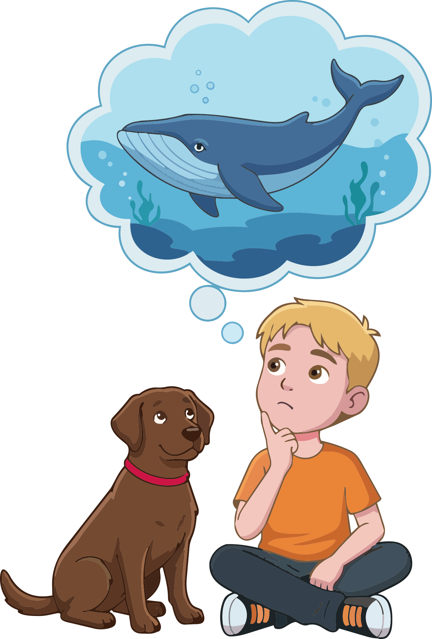 Illustration of a boy with blond hair, wearing an orange shirt and black pants, sitting cross-legged and thinking, with a brown dog beside him looking up. A thought bubble shows a whale swimming in the ocean.