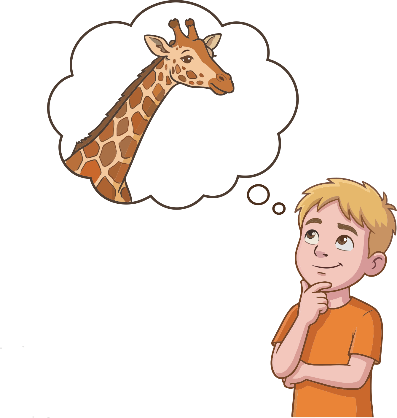 A boy with blonde hair is thinking about a giraffe, with a speech bubble showing the giraffe's face and neck.