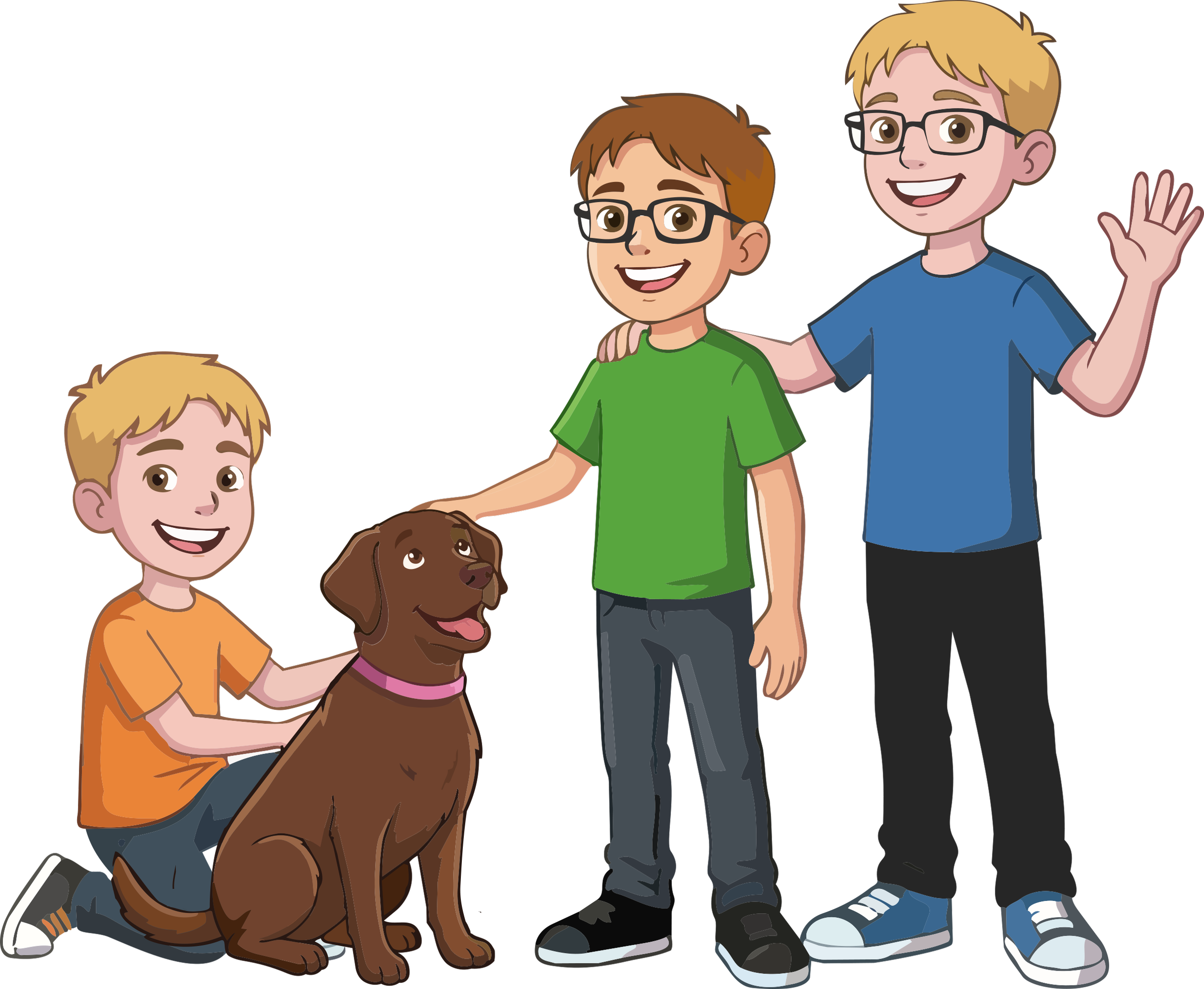 Digital illustration of three boys, all wearing glasses and smiling, with a brown dog sitting next to them. One boy is kneeling, and the blue has his arm wrapped around the shoulders of another boy in a green  shirt.