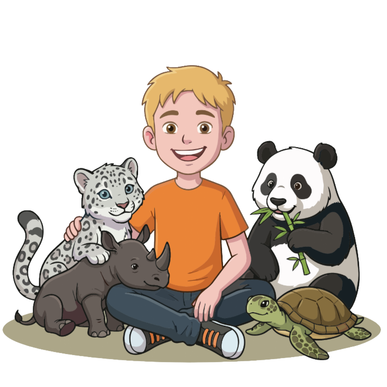 A smiling boy sitting cross-legged on the floor surrounded by a snow leopard, a rhinoceros, a panda eating bamboo, a turtle, and a green parrot.