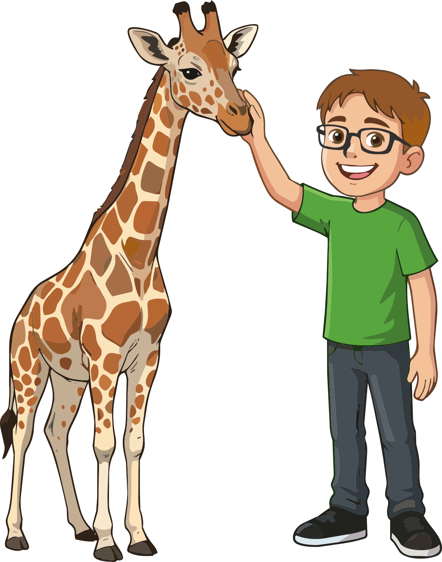 A cartoon boy with brown hair, glasses, a green shirt, and blue jeans petting a giraffe with brown spots and long neck.