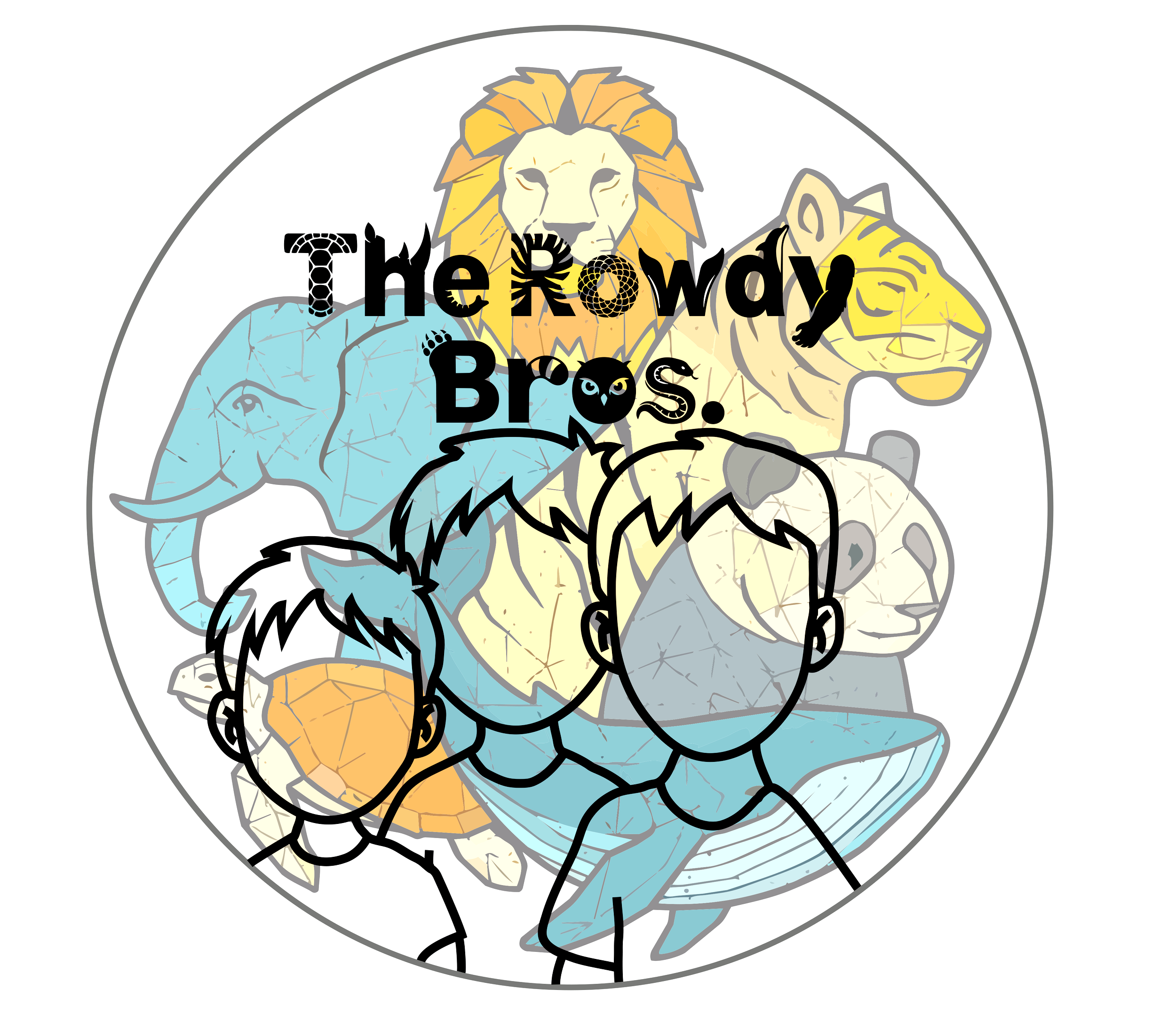 A circular graphic with illustrated animals including a lion, tiger, and bear, and the text "The Academy Bros." overlaid in black font.
