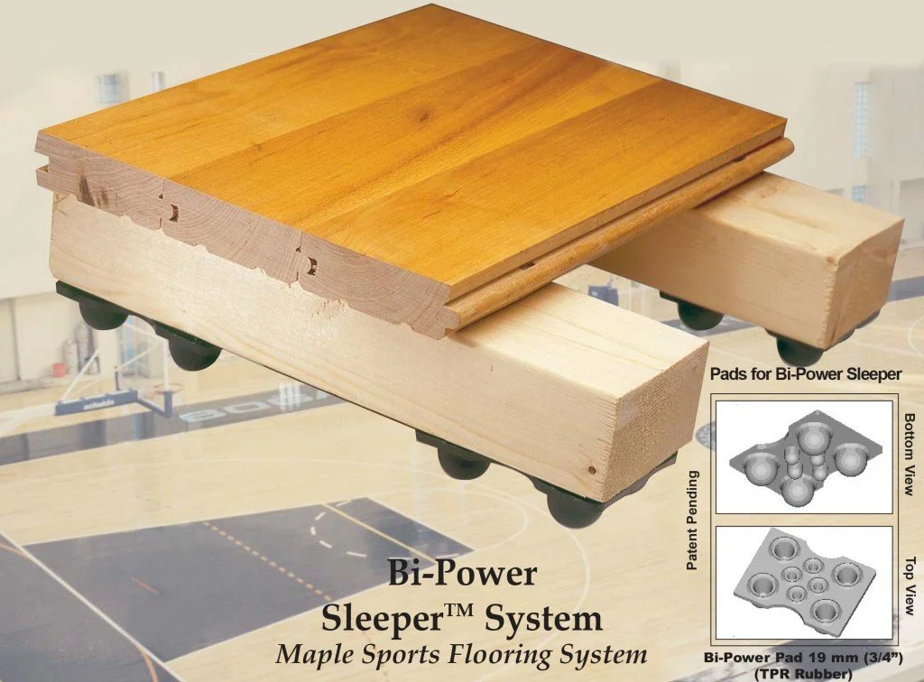 A basketball court in the background with a wooden sports flooring system called Bi-Power Sleeper System, which uses wooden pads and blocks for basketball court support.