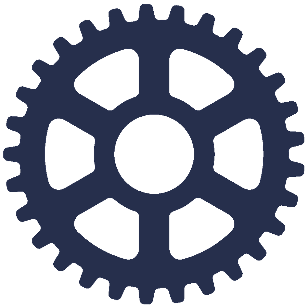 Dark blue gear icon with multiple teeth and a hollow center.