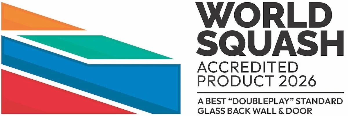 A colorful logo for World Squash, showcasing layered geometric shapes in orange, teal, blue, and red, with text indicating it's an accredited product for 2026, meets the doubleplay standard for glass back wall and door.