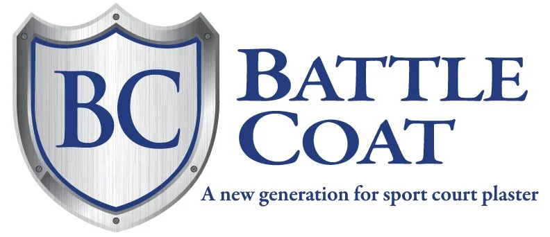 Logo for Battle Coat, a sport court plaster product, featuring a shield with BC initials and blue text.