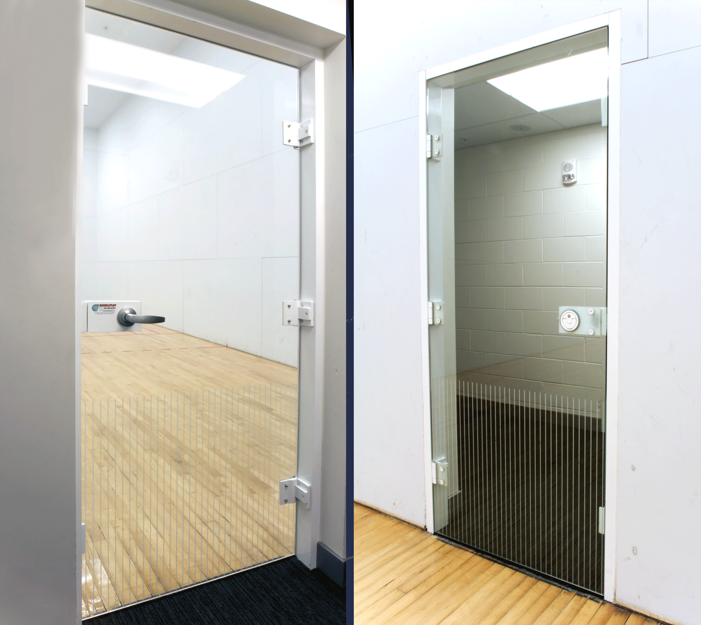 Two separate images of doorways. The left image shows a door with a metal security grate, light-colored wall, and hardwood floor. The right image shows a similar doorway with a metal grille, dark metal frame, and a floor with light-colored wooden planks.
