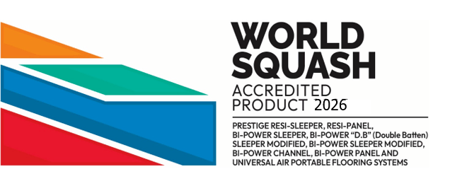 World Squash logo with text about accredited product 2026 and descriptions of squash equipment.