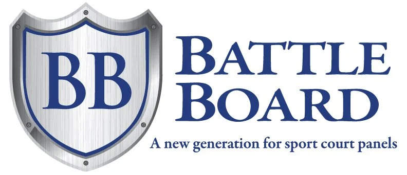 Logo with shield featuring initials 'BB' and the words 'Battle Board' in blue, with the tagline 'A new generation for sport court panels'.