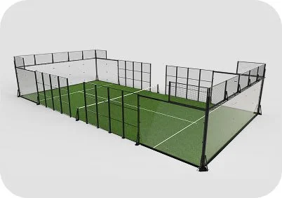 An outdoor padel tennis court with green playing surface, enclosed by black mesh fencing and glass walls.