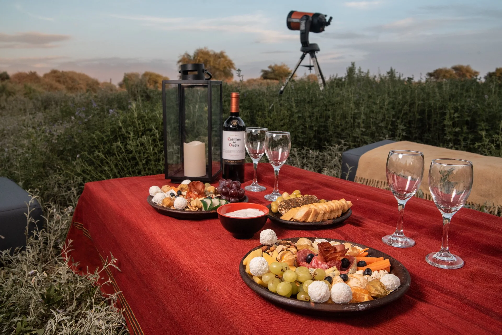 Gourmet charcuterie platters, Chilean wine, and a Celestron telescope setup for an outdoor evening stargazing tour in the Atacama Desert.