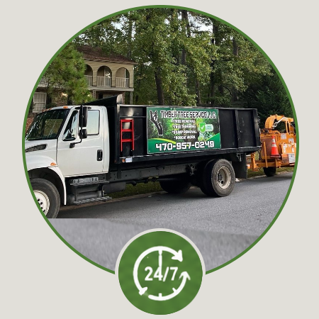 A garbage trash truck parked on a street with a house and trees in the background, featuring an ad for tree removal services.