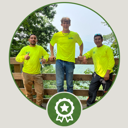 Three young men wearing bright yellow shirts standing outdoors on a wooden deck with trees in background, smiling, with a badge icon in the foreground.