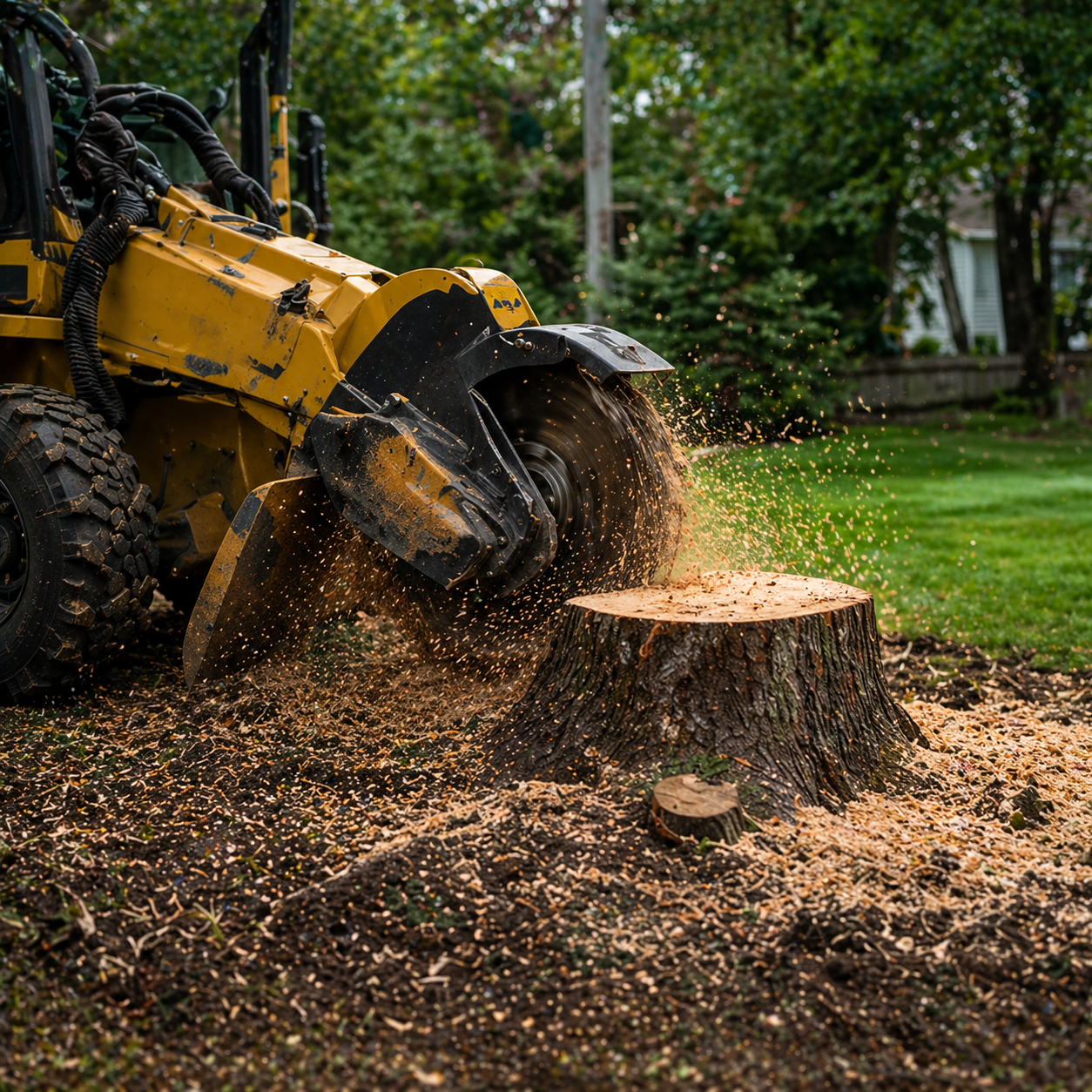 Timber Tree Services stump grinding equipment removing a large tree stump in a residential backyard after tree removal