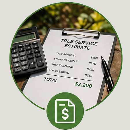 Timber Tree Services tree removal estimate showing pricing for stump grinding, trimming, and land clearing services