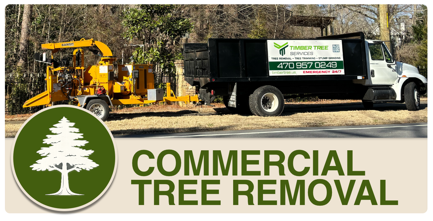 A yellow tree removal machine hitched to a gray and black truck with a sign for Timber Tree Services, parked on the side of a street with trees in the background. There is a large green logo with a white tree and the text 'Commercial Tree Removal' at the bottom.