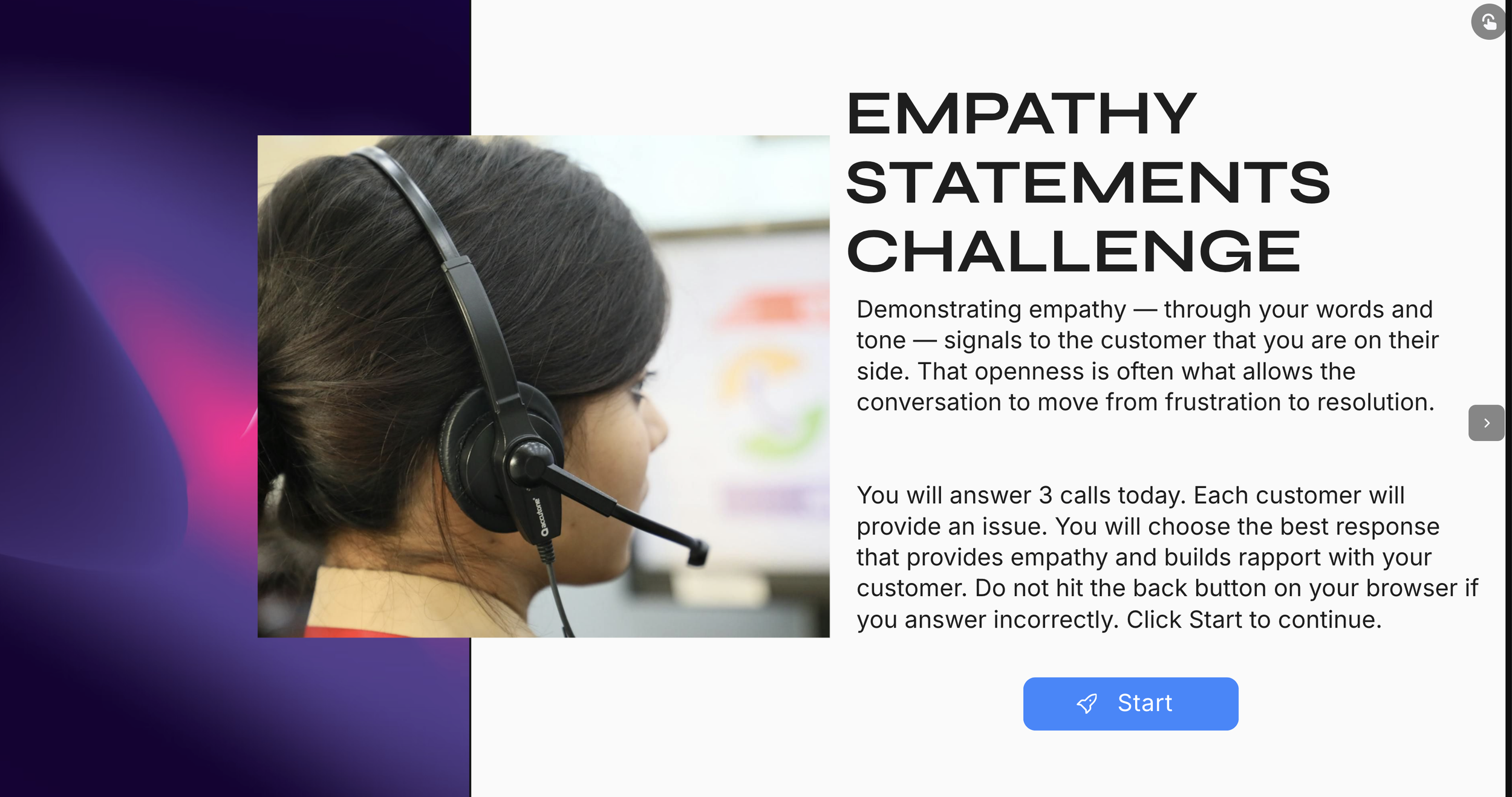 A woman wearing a headset with a microphone participating in a customer service or call center activity, with a computer screen showing an empathy challenge presentation.