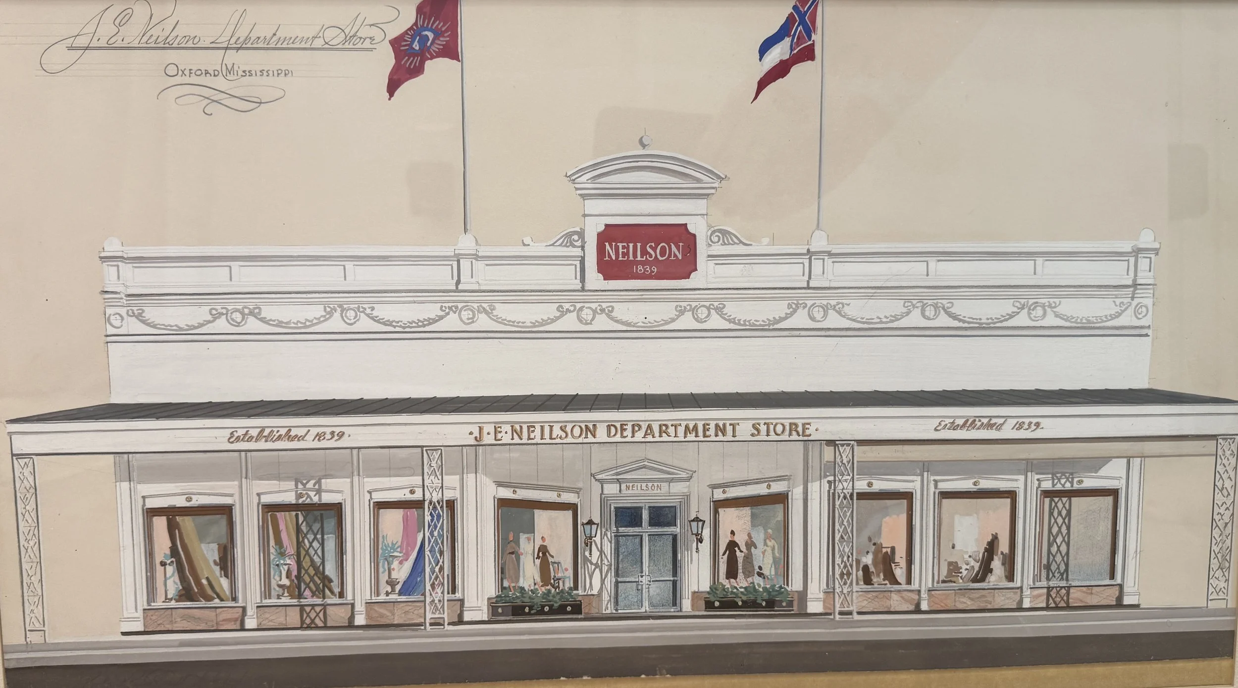 Illustration of the J. E. Neilson Department Store facade, established in 1839, with decorative architectural details, display windows, and flags on the roof, including the American and Confederate flags.