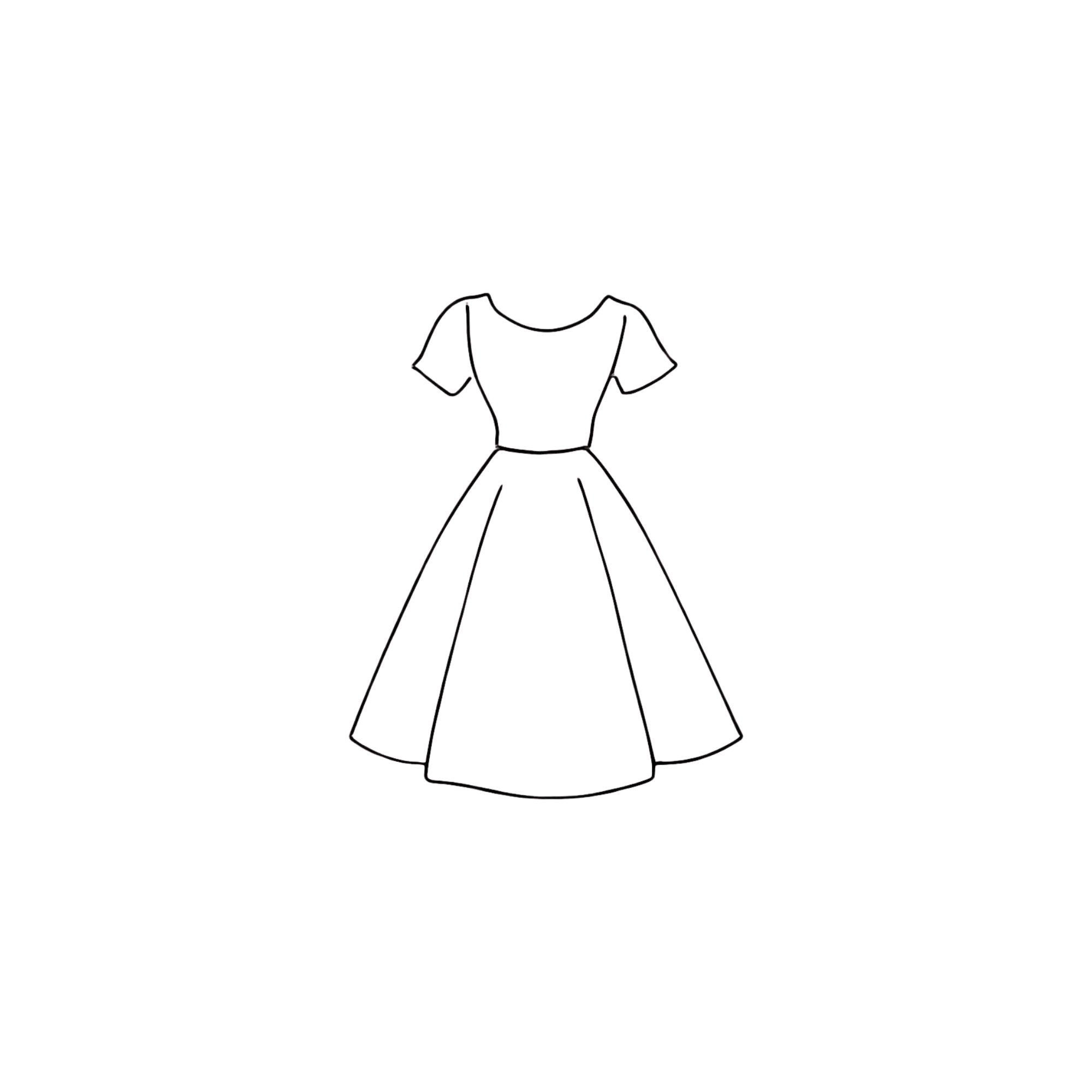 Outline sketch of a dress with short sleeve and a long flowing skirt.