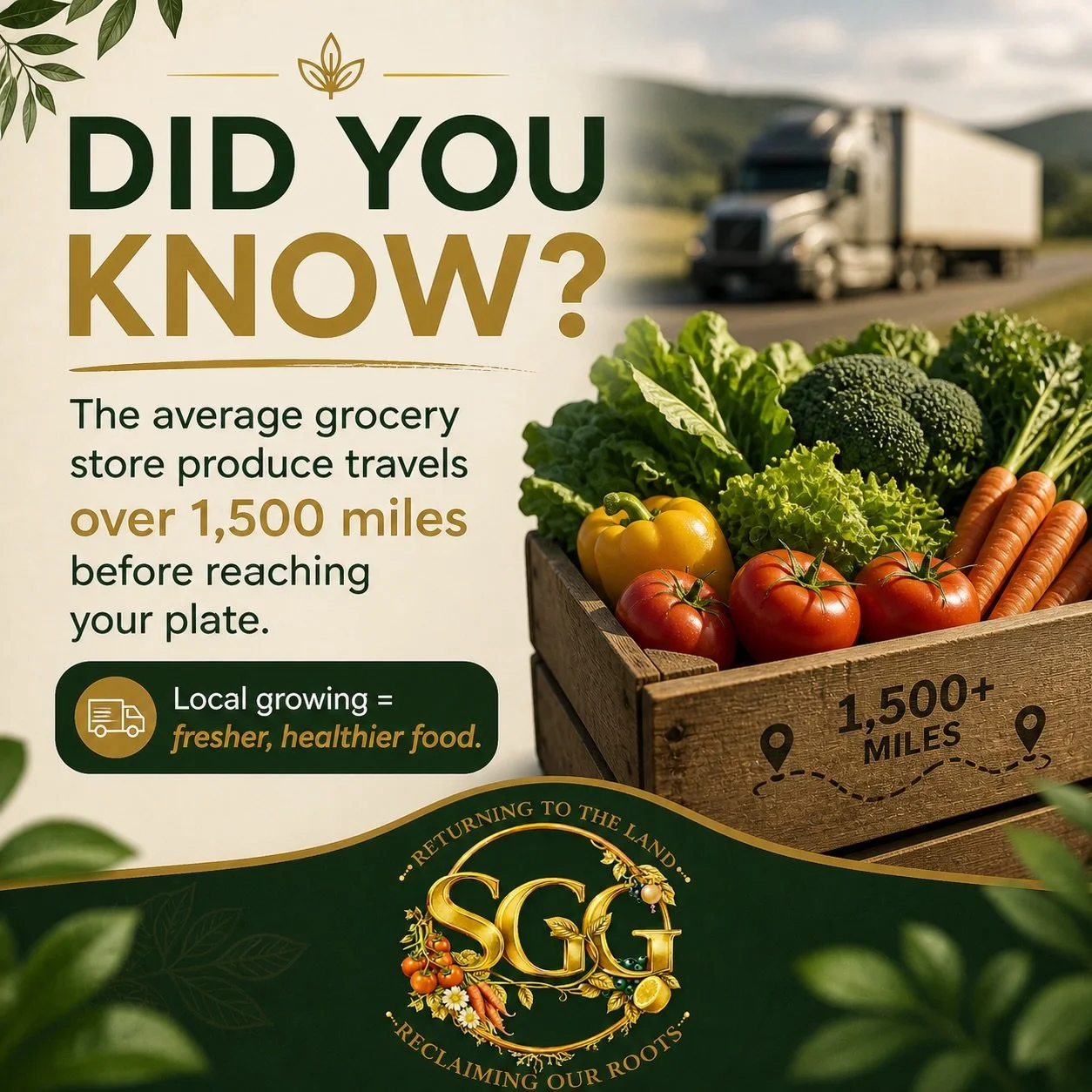 The average produce travels over 1,500 miles before it reaches your plate.

Local growing = fresher, healthier food 🌱

#LocalFood #FoodAccess #GrowLocal #CommunityHealth #SGGFoundation