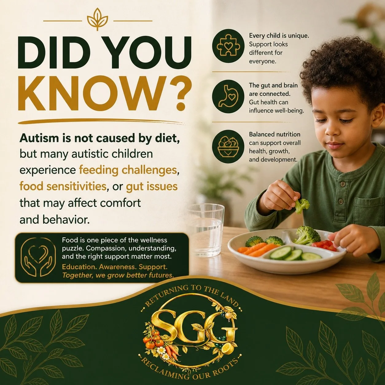 Autism is not caused by diet.

However, many autistic children experience feeding challenges, food sensitivities, or digestive differences that may impact comfort and behavior.

Nutrition is one piece of a much larger wellness picture.

Awareness, un