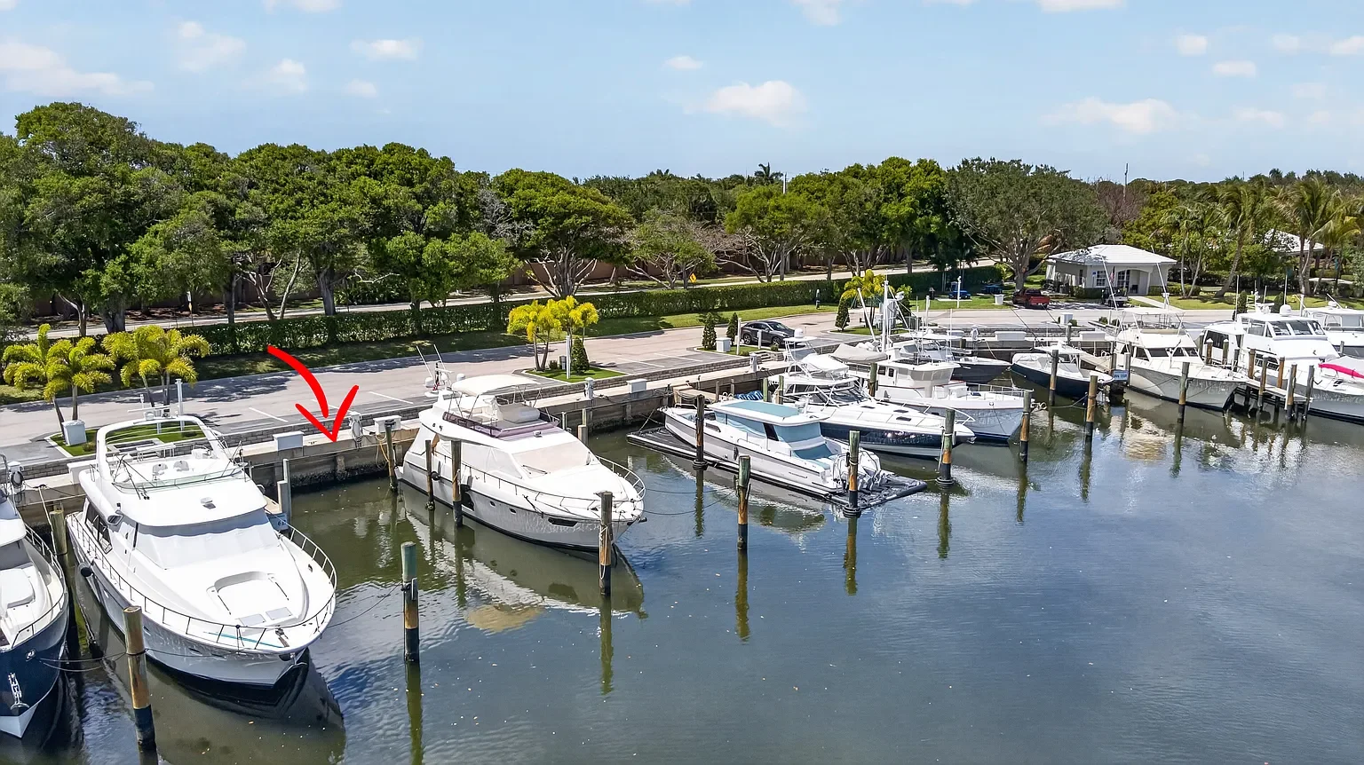 Boats docked at a marina with trees and a parking lot in the background, clear sky, and a small building on the right.