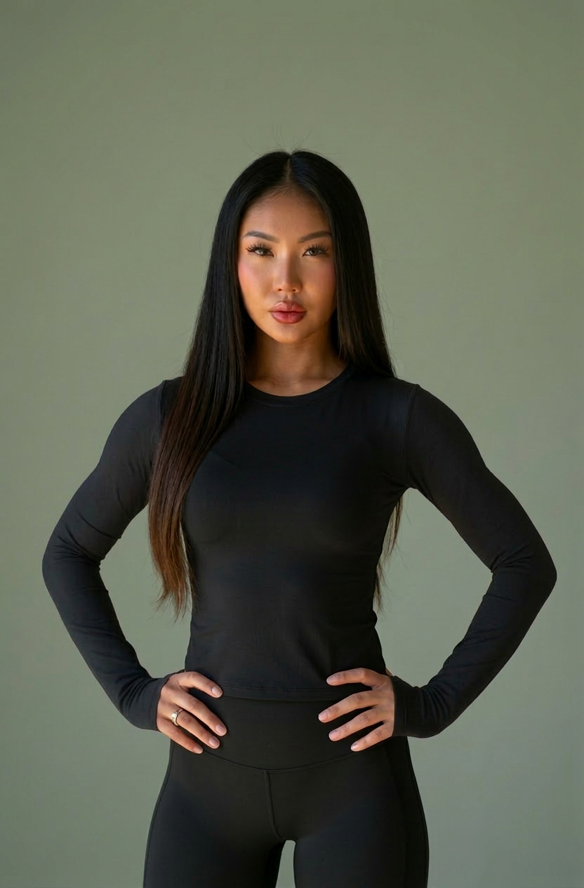 A woman with long dark hair in black athletic wear standing with hands on her hips against a light green background.