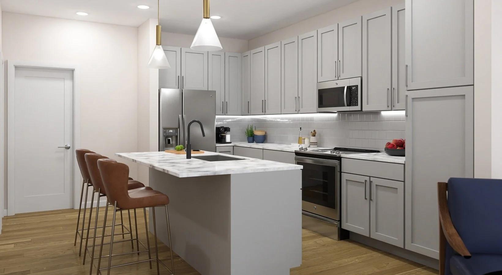 Modern kitchen with white cabinetry, marble island with four brown leather chairs, stainless steel appliances, pendant lights, and wooden flooring.