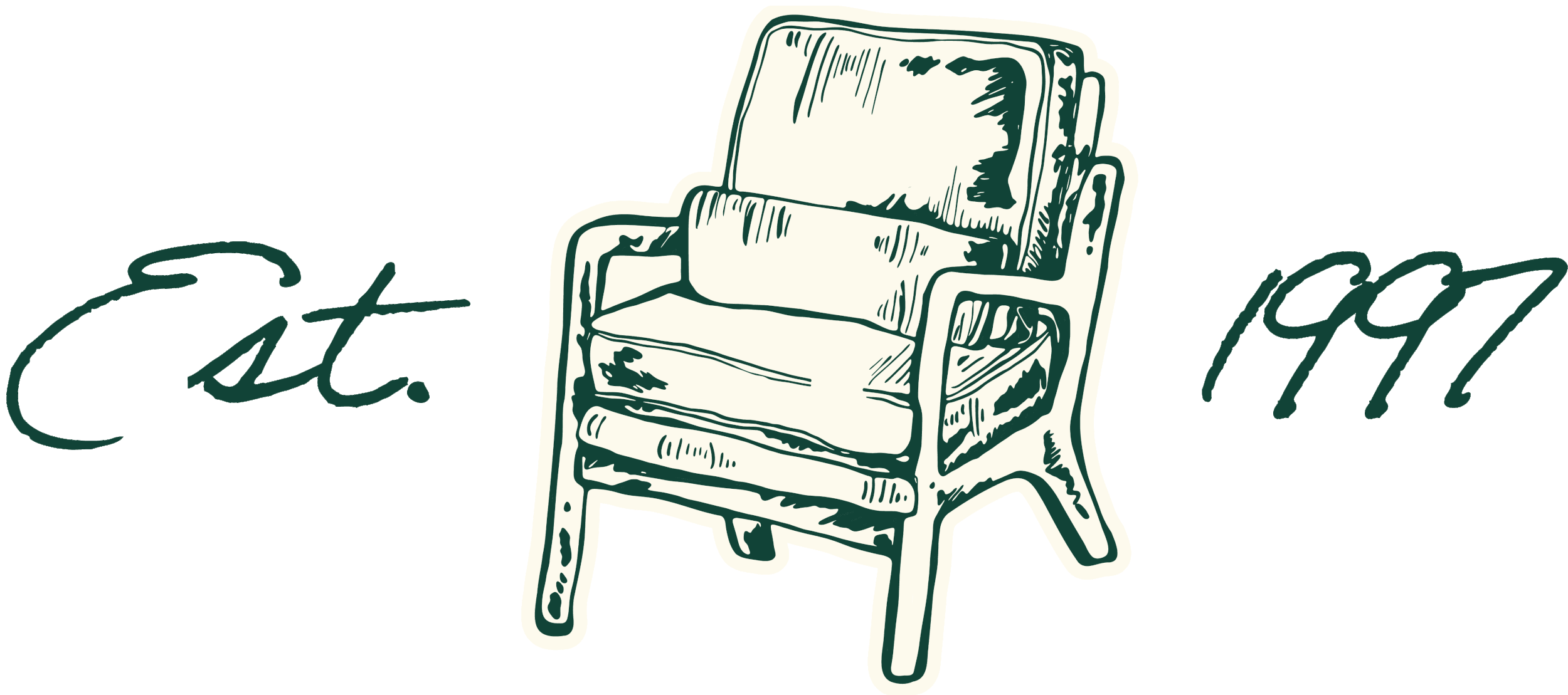 Hand-drawn illustration of a vintage armchair with text that reads 'Eat. Repeat.' in cursive font.