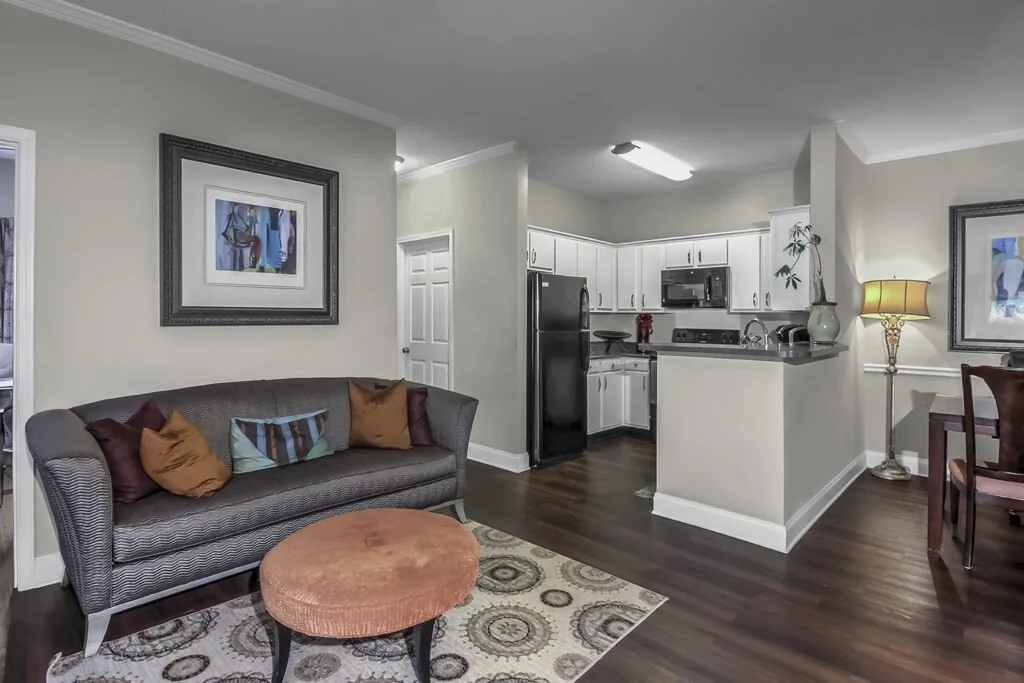 Living room with a gray sofa, colorful pillows, a round orange ottoman, a patterned rug, and a wall art picture. The kitchen has white cabinets, black appliances, and a small dining area with a lamp and decorative vases.