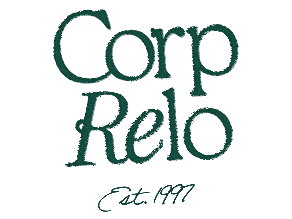 Logo for CorpRelo, established in 1997, with stylized text in dark green.