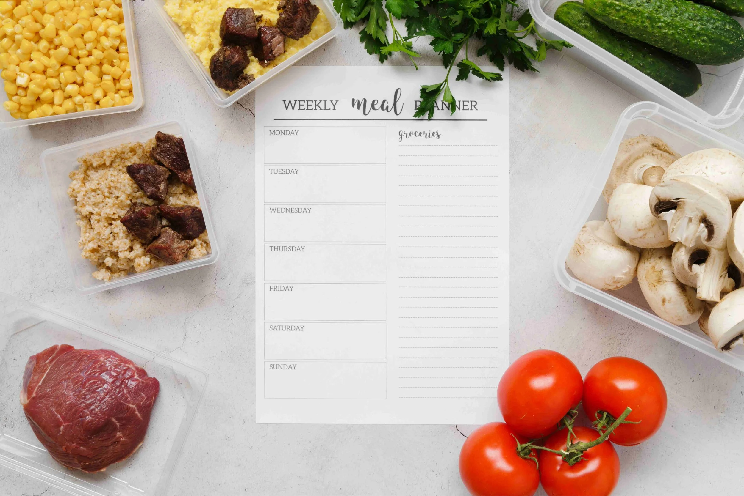 Personalised meal plan on counter surrounded by organic whole foods including raw vegetables, nutrient dense organ meat and iron rich red meat