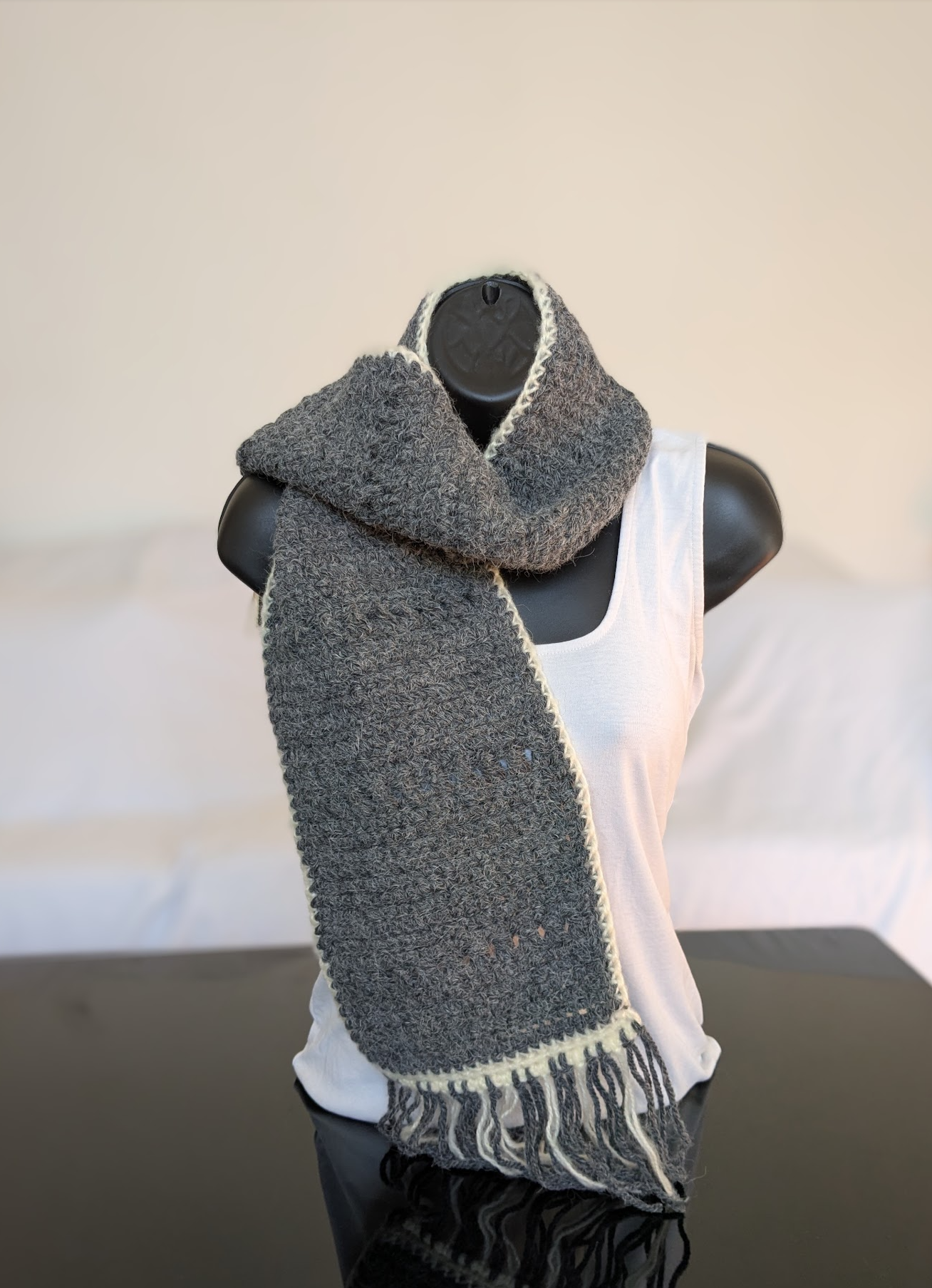 Crochet scarf grey chunky wool with cream trim