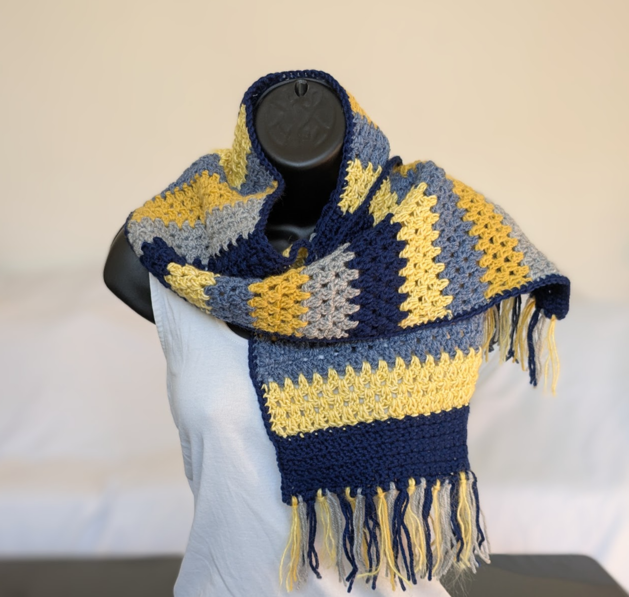 Blue yellow & silver striped scarf