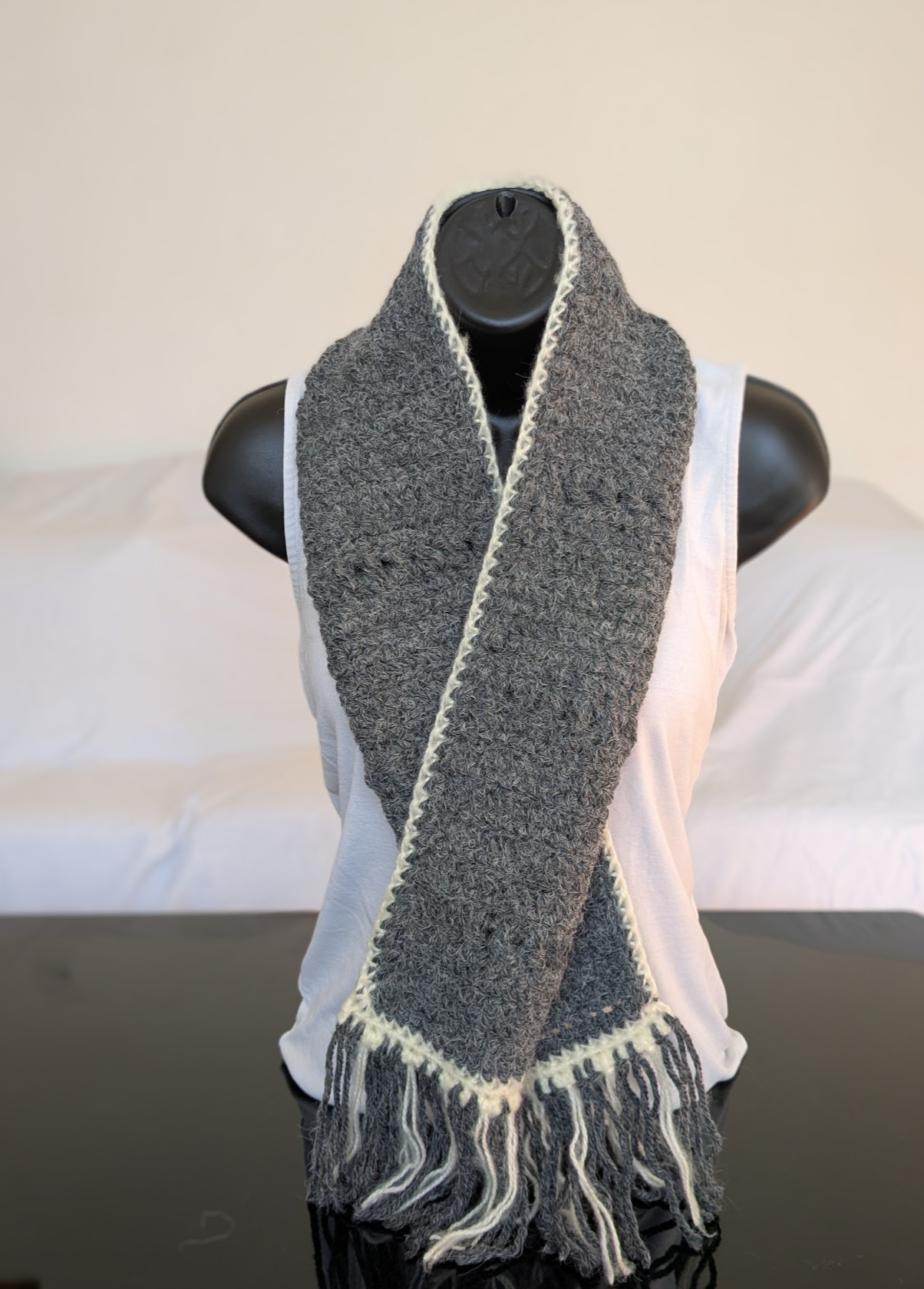 Dark grey chunky scarf with cream trim