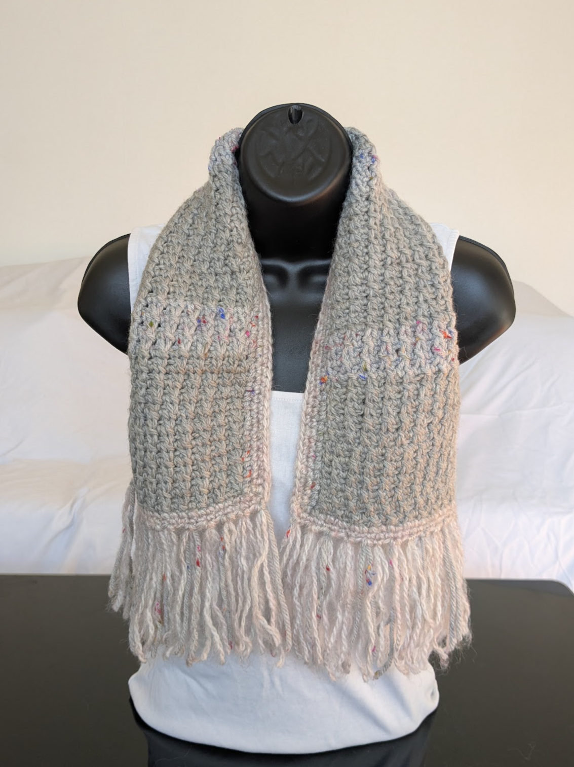 Tunisian stitch speckled grey short scarf