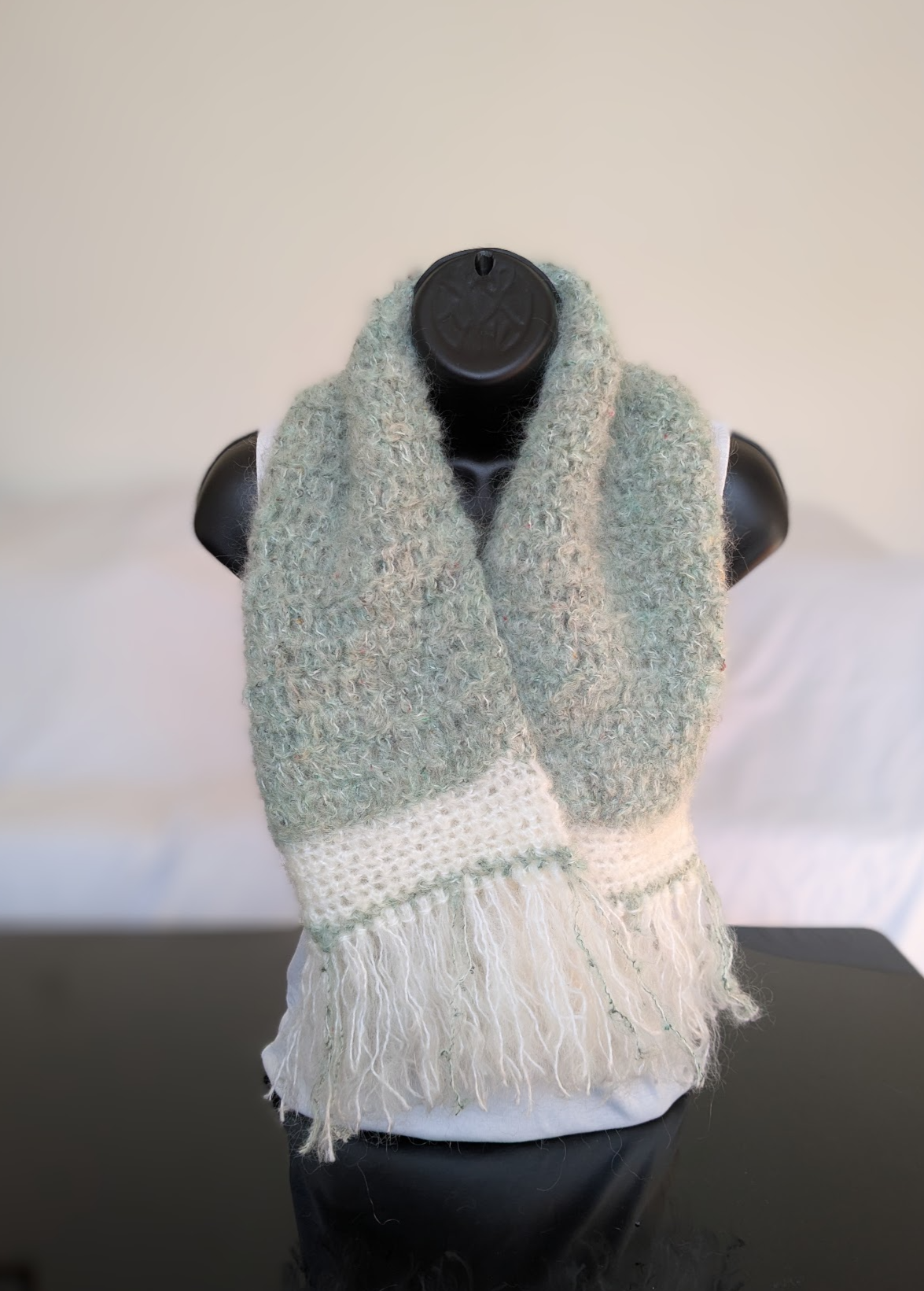 Pale green speckled fuzzy mohair scarf