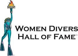 Illustration of a woman holding a trophy with the text "Women Divers Hall of Fame" at the top.