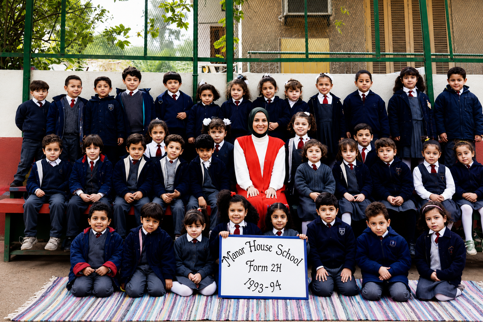 A group of young students in school uniforms posing for a class photo with their teacher, holding a sign that reads "Manor House School, Form 2H, 1993-94." They are outdoors in a schoolyard, arranged in rows with some sitting and others standing behind, on a colorful striped rug.