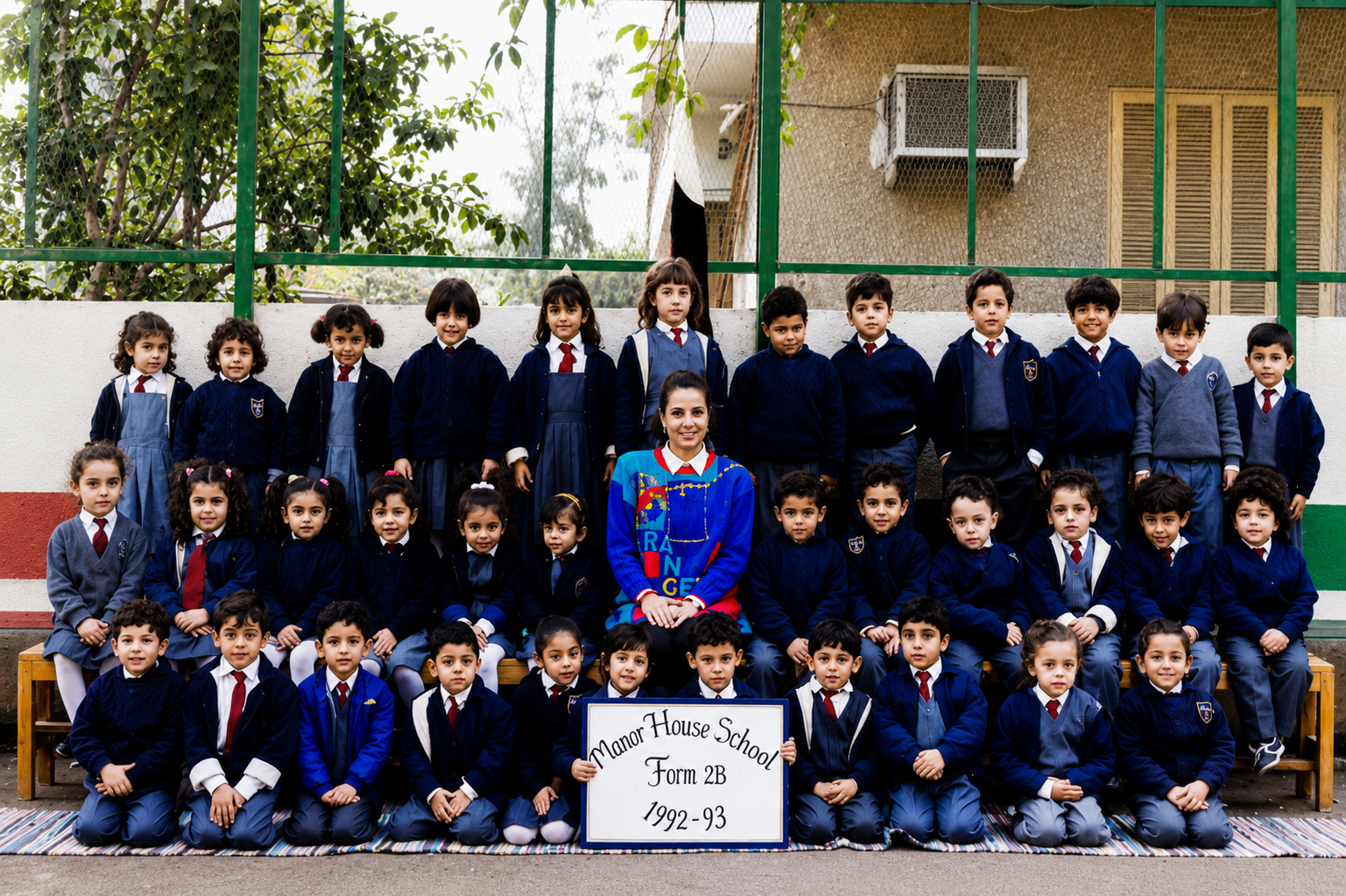 Group photo of young students and a teacher at Manor House School, Form 2B, from 1992 to 1993, outdoors with school building and trees in the background.