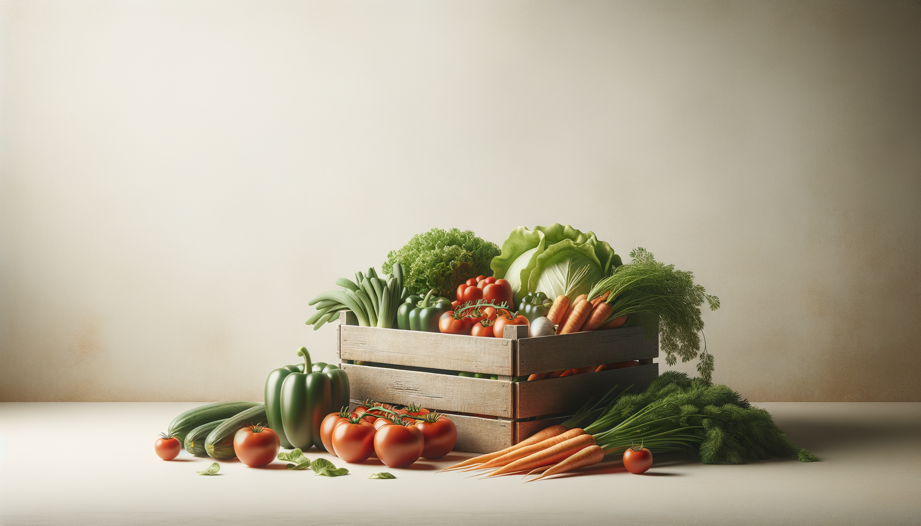 Fresh vegetables including tomatoes, green bell peppers, cucumbers, carrots, lettuce, garlic, and leafy greens arranged in a wooden crate with additional vegetables in front against a plain background.