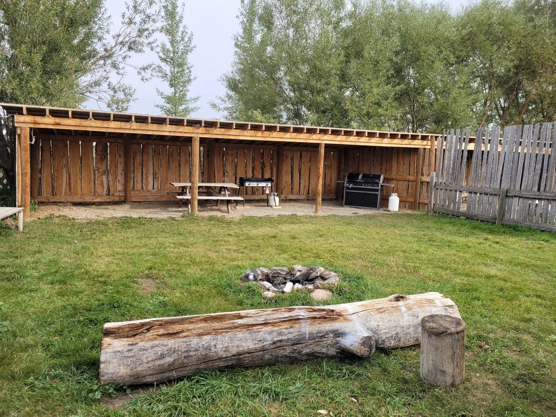 Backyard with a fire pit, logs, a picnic table, a grill, propane tanks, and a wooden fence, trees in the background.