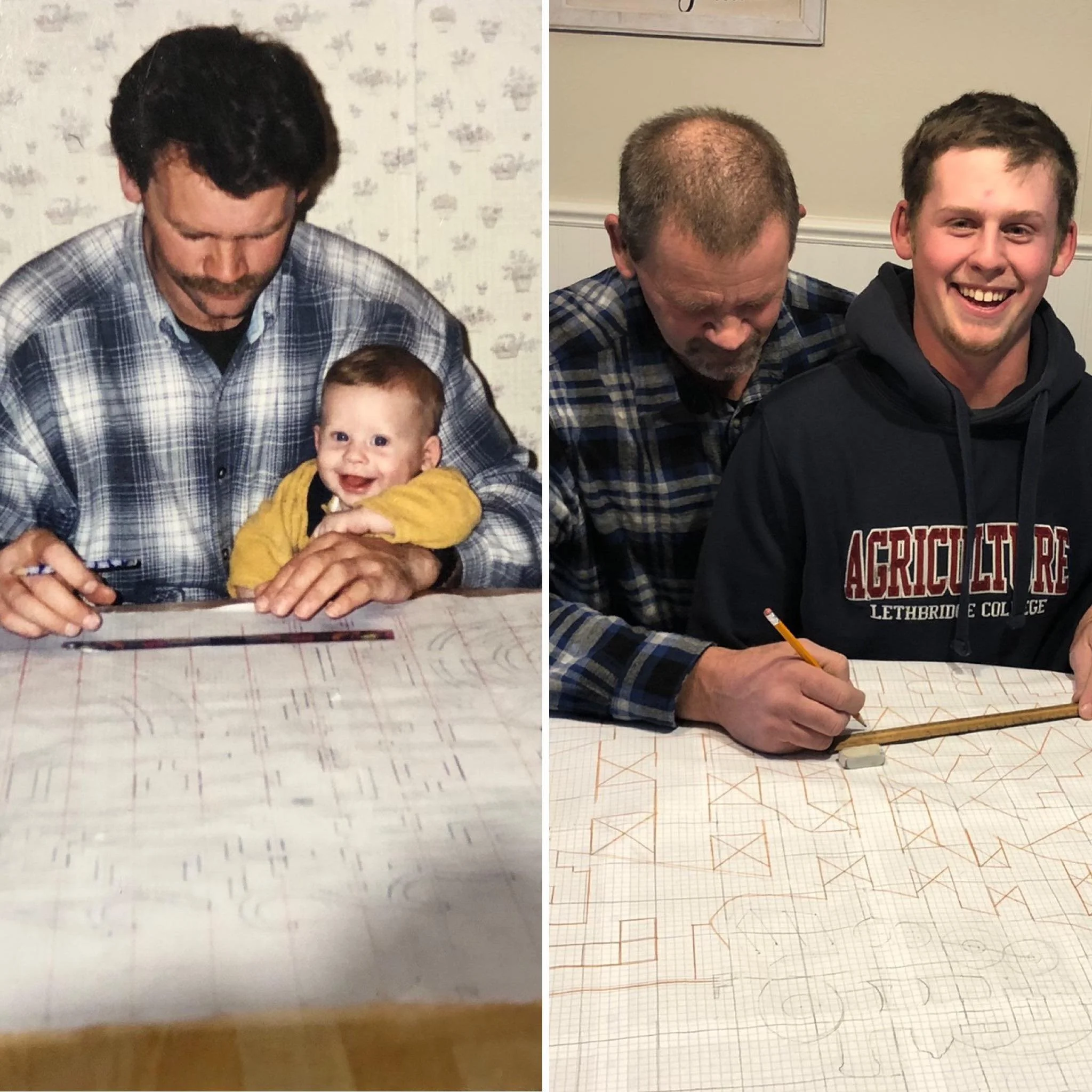 Comparison of a man and a boy at a table with handwriting and drawings. The left image shows the man with dark hair and a beard wearing a plaid shirt, looking down with a serious expression. The boy, in yellow, is smiling happily. The right image shows the man with a shaved head and beard looking down at the table, while the boy, smiling, wears a dark hoodie with red and white text that reads 'Agricultural'.