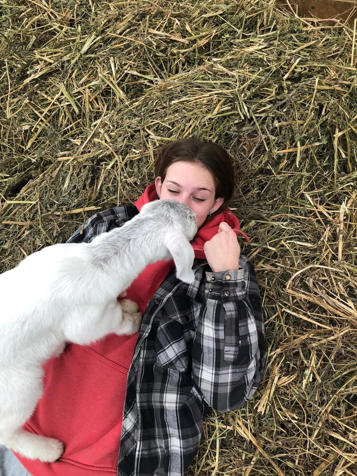 A young woman with short dark hair lying on a bed of dried grass or hay, wearing a red hoodie and a black-and-white plaid shirt. She is holding her fist near her chest and appears to be smiling while a small white and gray puppy is licking her face.