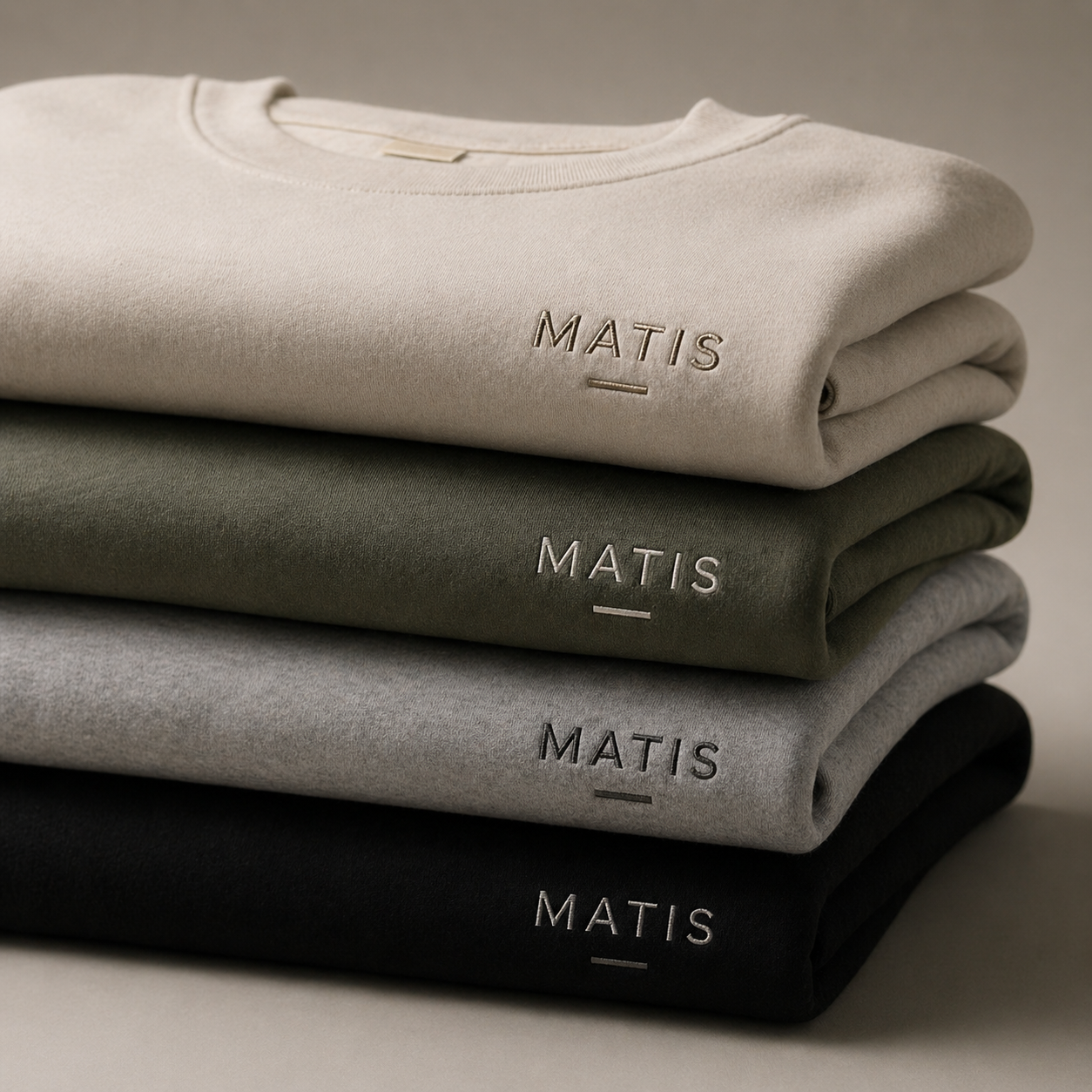 Fünf gestapelte Sweatshirts in beige, dunkelgrün, grau, hellgrau und schwarz mit aufgesticktem 'MATIS'-Logo.