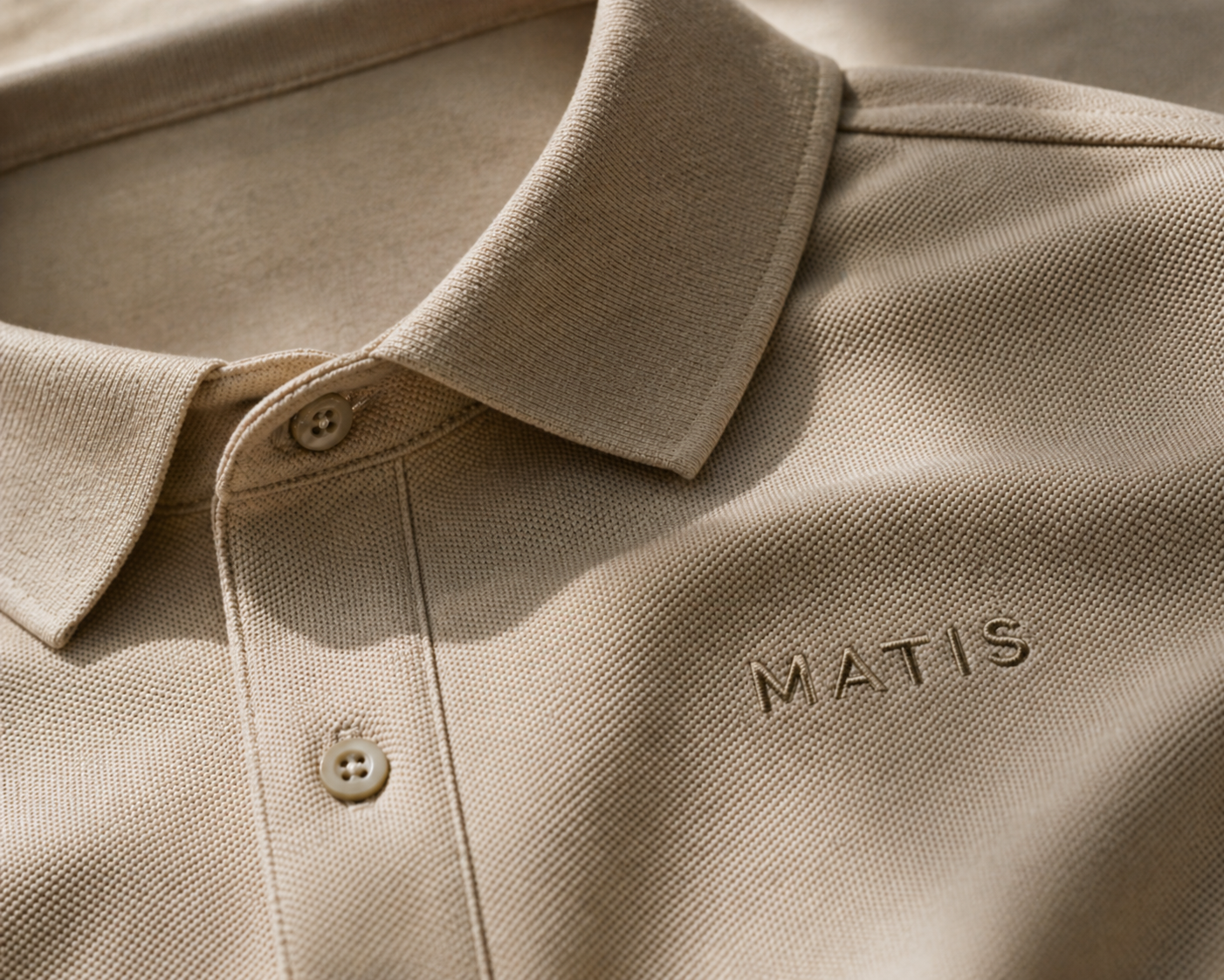 Nahaufnahme eines beige Tonierten Polohemds mit aufgesticktem Logo 'MATIS' auf der Brust.