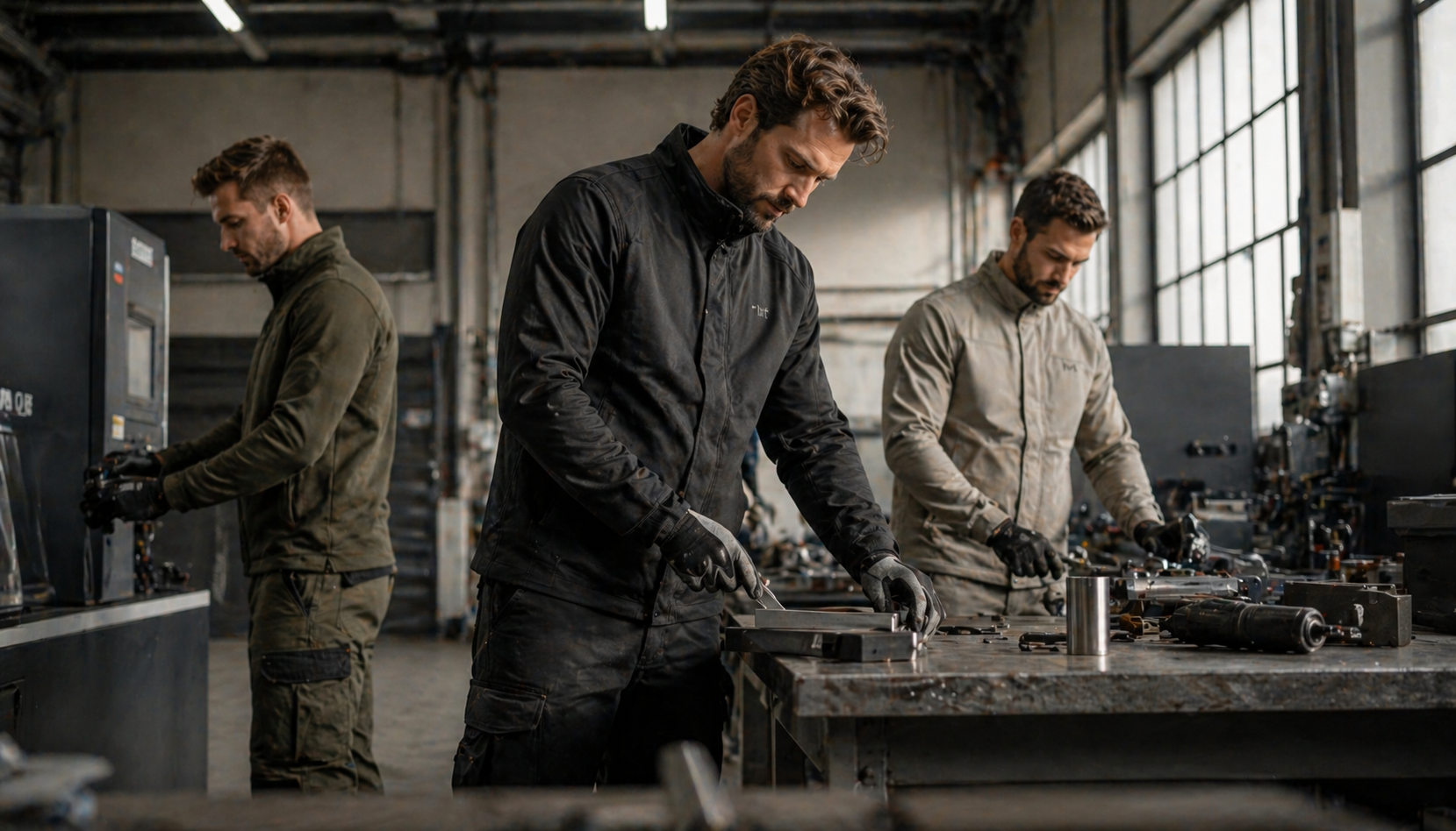 Drei Männer arbeiten in einer Werkstatt an Metallprojekten, alle tragen Arbeitskleidung und Handschuhe.