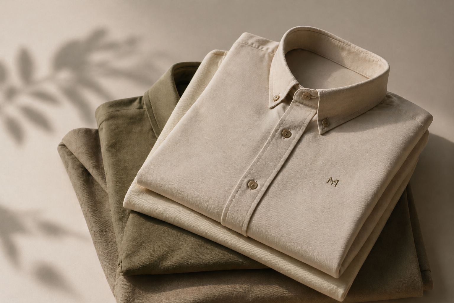 Drei übereinandergelegte, hochwertige, beige und olivgrüne Poloshirts aus Samt mit kleinen Knöpfen, auf einem neutralen Hintergrund mit Schatten von Blättern.