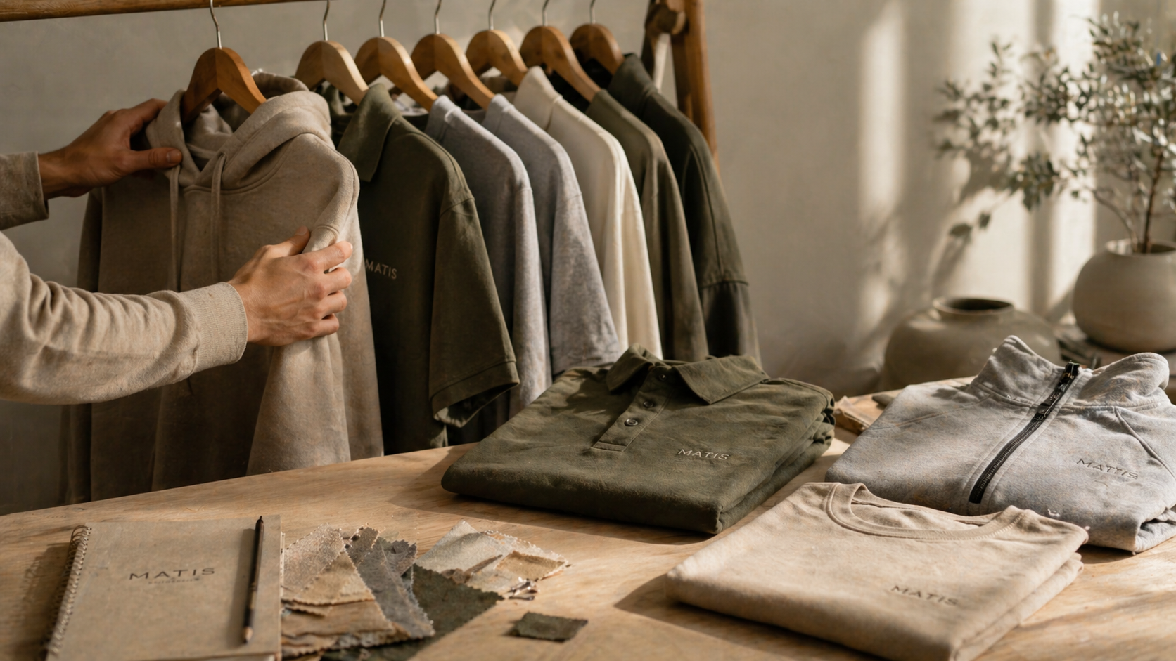 Ein Mensch betrachtet beigemąßte und grauweiße Sweatshirts an einem Kleiderständer. Auf dem Tisch vor ihm liegen zusammengelegte Sweatshirts, Stoffmuster, eine Notizbuch mit Stift, und andere Textilproben. Der Raum ist warm beleuchtet mit einigen Keramiktöpfen und einer Pflanze im Hintergrund.
